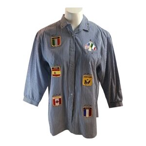 Richard Simmons Vintage Striped Blue Shirt with Flag Patches Size M